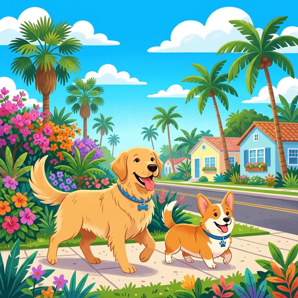 Two happy dogs on a palm-lined South Florida sidewalk
