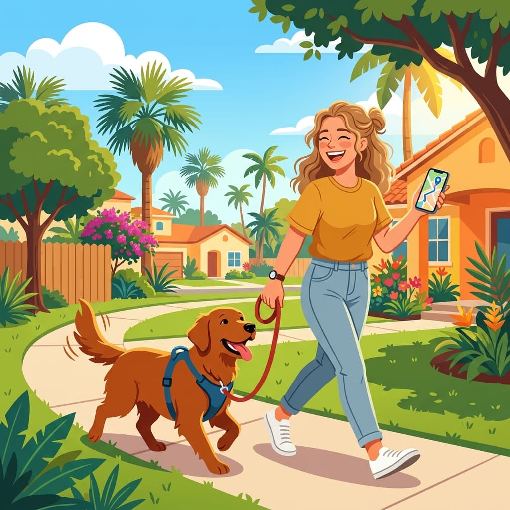 A Buddy-Ol-Pals walker following the live map with a golden retriever