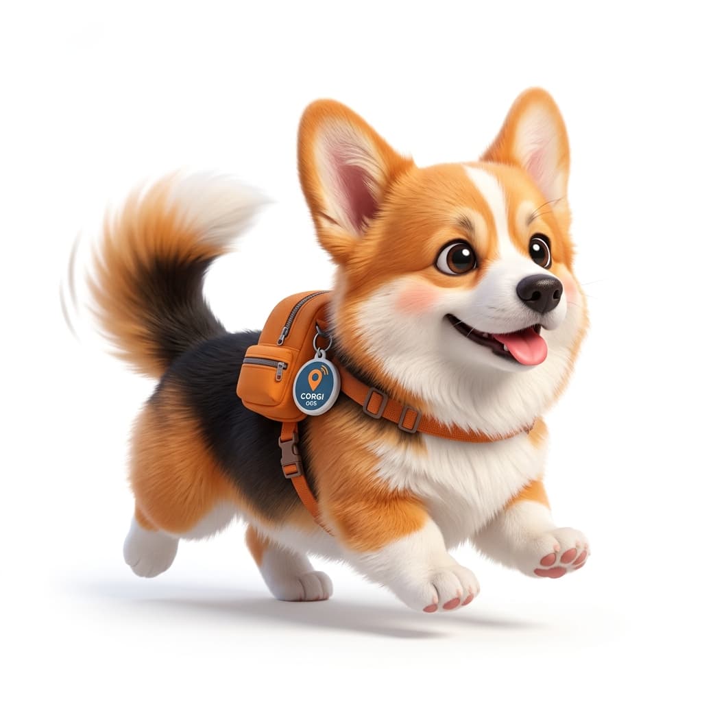A corgi trotting along with a walking pack